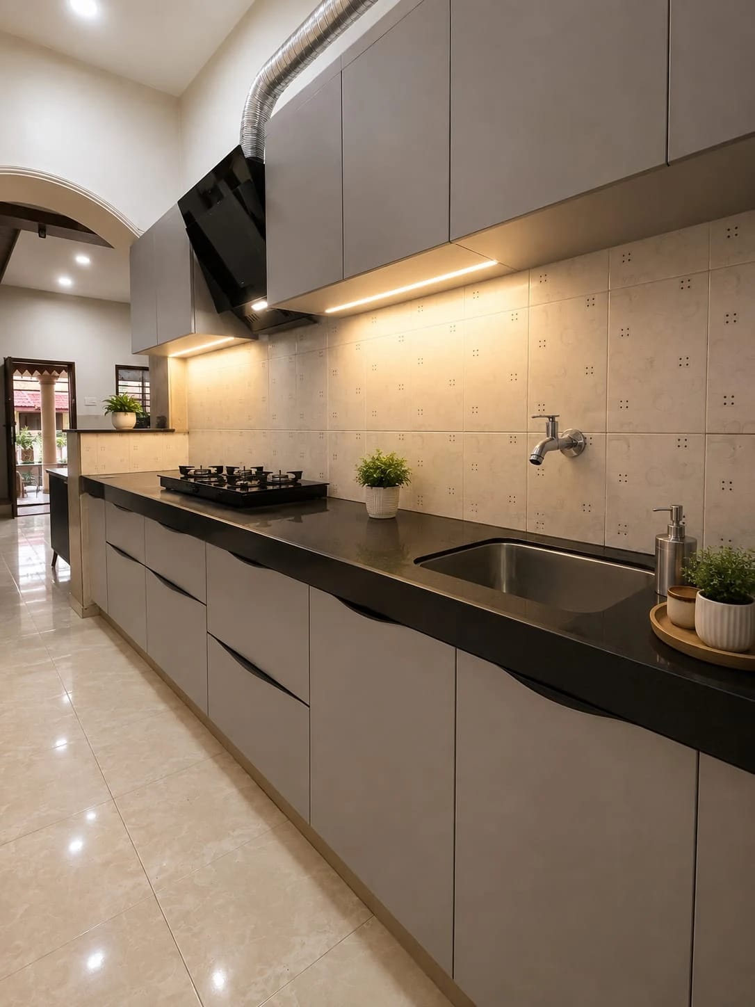 Kitchen Creation — Premium Modular Kitchen Interior with Warm Under-Cabinet Lighting and Seamless Cabinetry